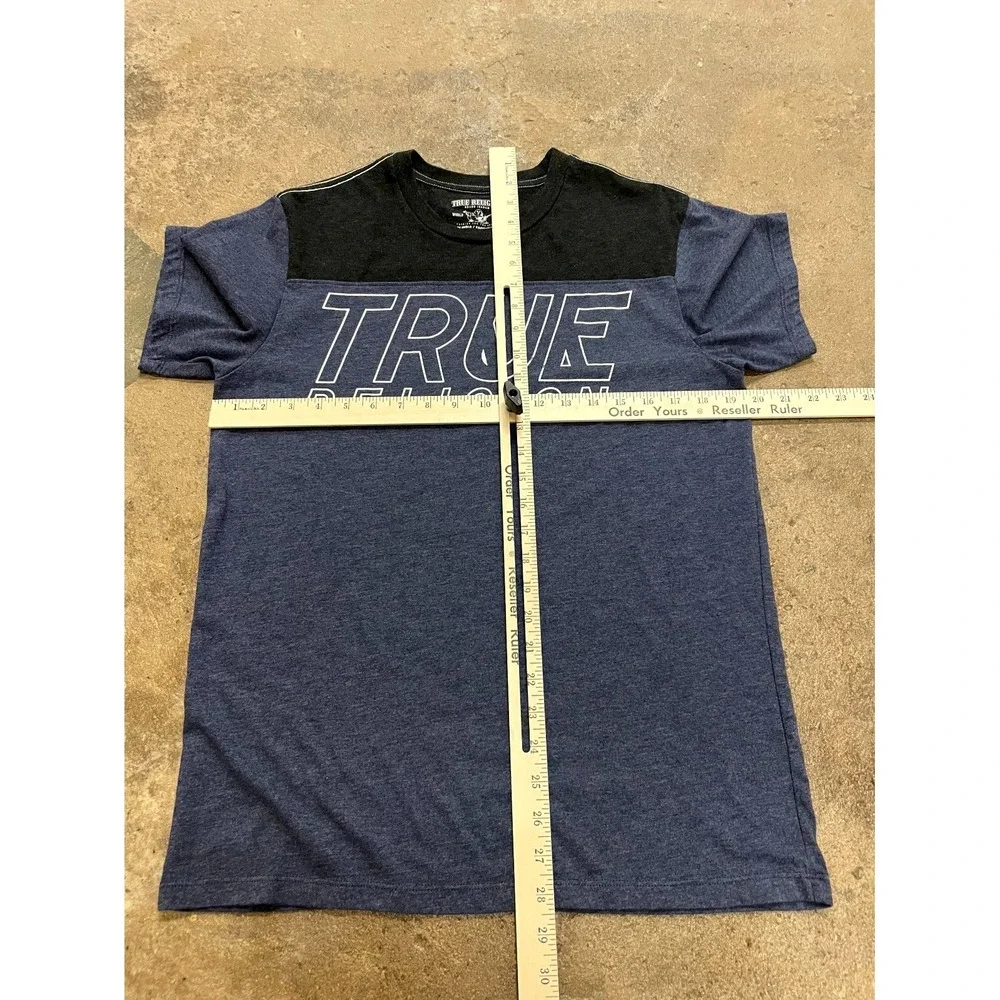 True‎ Religion World Tour T Shirt Mens M Blue Black Spellout Logo Short Sleeve